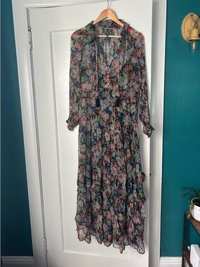 Anthropologie Floral Tiered Sheer Maxi Dress - Navy, Pink, Green